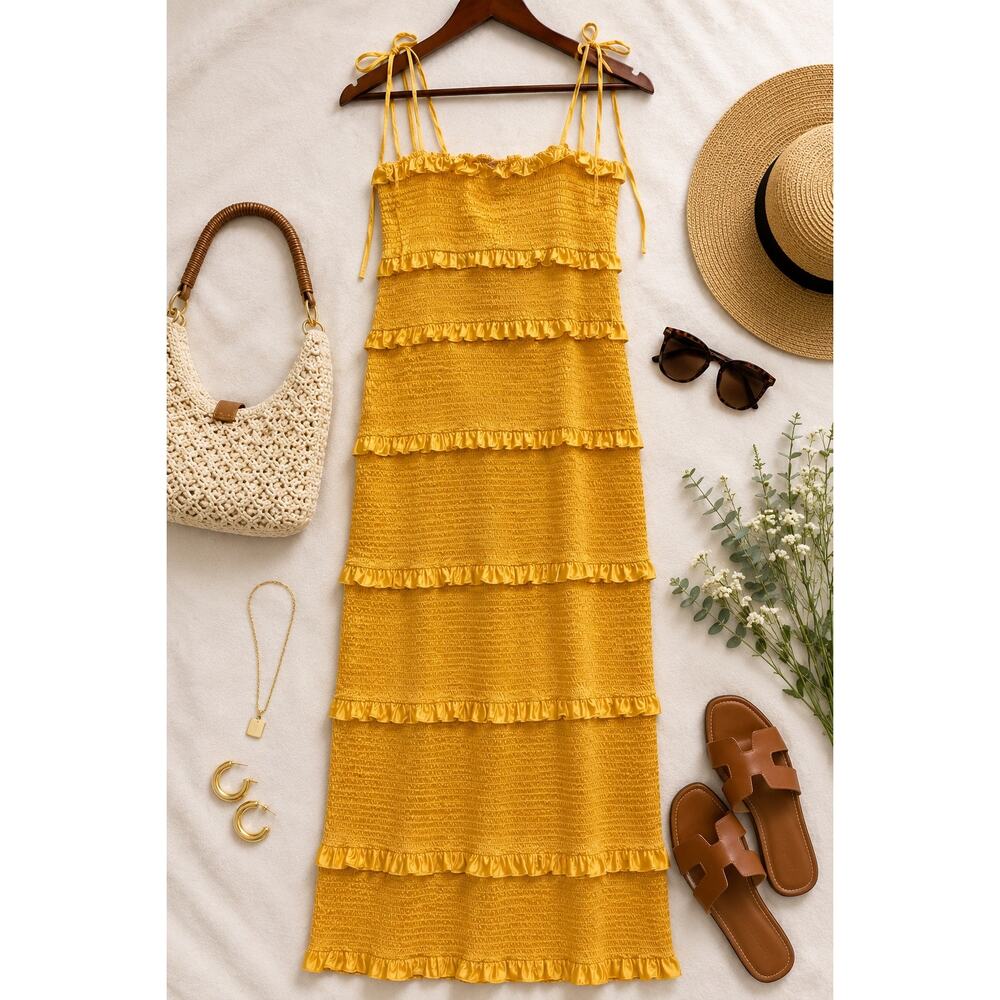 Show Me Your Mumu Stella Smocked Yellow Satin Dress Ruffle Tiered Wedding Guest